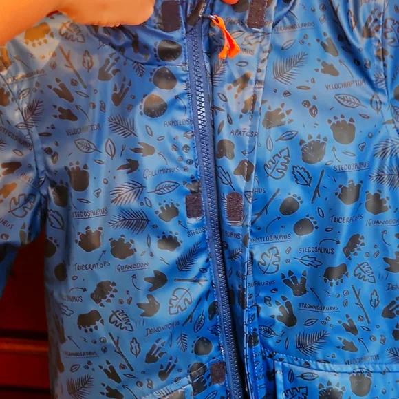 Blue Kids Rain Jacket with Orange Lining, Dinosaur Pattern, 4T - Picture 2 of 8